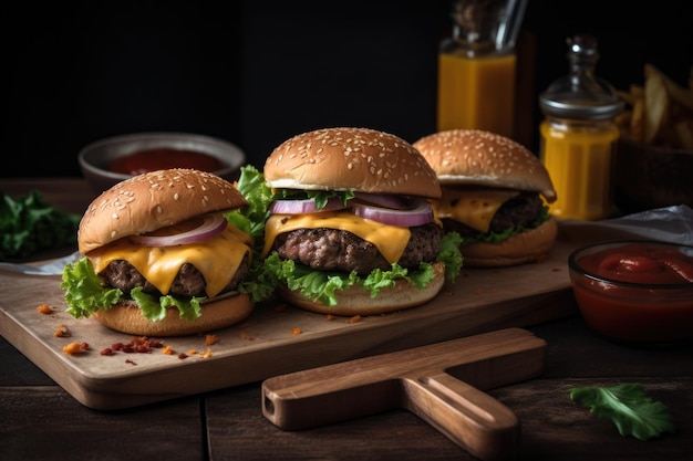 Platte mit klassischen Burgern und Pommes frites, bereit für den einfachen Essensservice, erstellt mit generativer KI