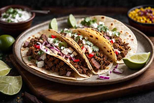 Platte mit mexikanischen Straßen-Tacos mit Carne Asada Chorizo und Al Pastor in Maistortillas