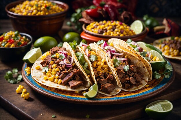 Platte mit mexikanischen Straßen-Tacos mit Carne Asada Chorizo und Al Pastor in Maistortillas