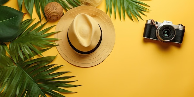Platte mit Reisezubehör tropische Palmblatt Retro-Kamera Sonnenhut Seesterze auf gelber Rücken