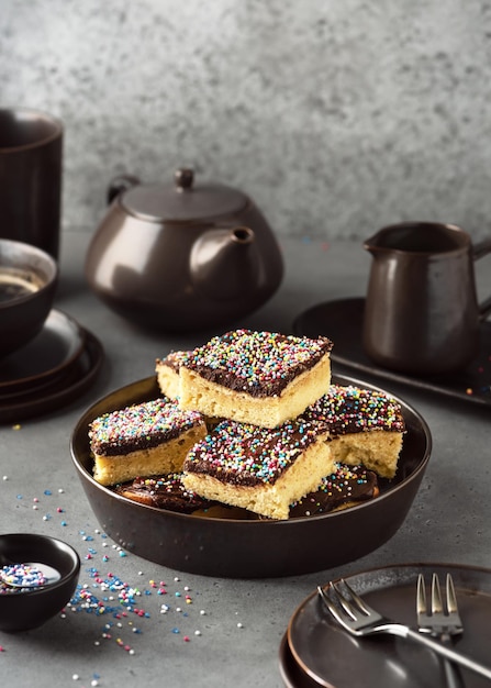 Platte mit Stücken gebackenen leckeren Kuchens mit dunkler Schokoladenglasur und buntem Zuckerstreusel