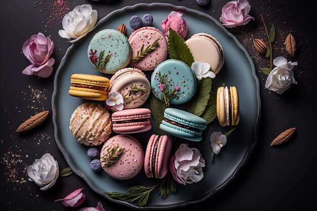 Platte mit verschiedenen französischen Macaron-Keksen Generative AI