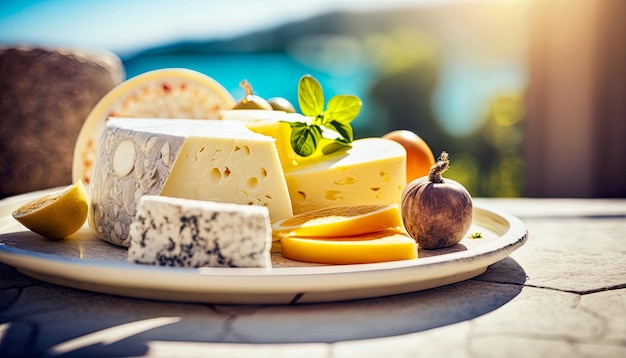 Platte mit verschiedenen Käsesorten auf einer Terrasse mit Blick auf das Mittelmeer Generative KI