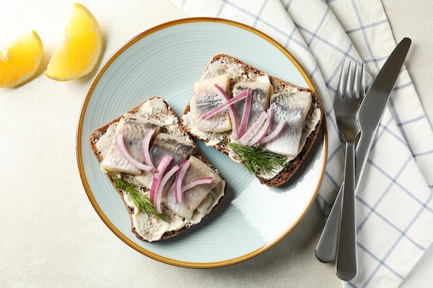 Platte von Sandwiches mit frischem Heringsfisch auf weißem strukturiertem Hintergrund