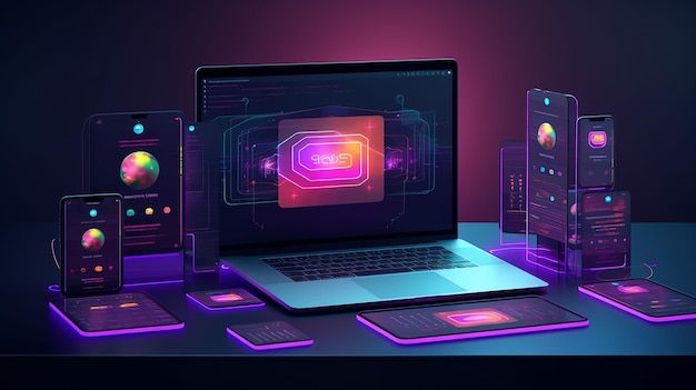 Plattformübergreifende Website-App-Designentwicklung auf Laptop-Telefon-Tablet-Technologie Generative KI