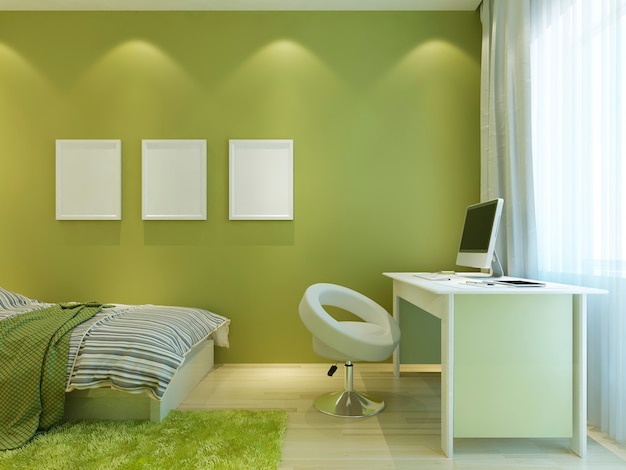 Platz für einen Teenager im modernen Stil mit Modellplakaten an der Wand. Das Zimmer ist in hellgrünen Farben mit weißen Möbeln eingerichtet. 3D-Rendering.