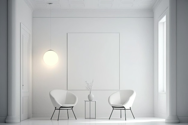Platz für Text neben schicken Stühlen und Stehlampe vor weißer Wand im Zimmer