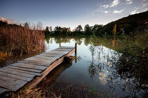 Platzieren Sie in der Nähe des Sees, um Ihre Gedanken zu beruhigen Holzsteg an einem See in der Nähe des Herbstwaldes Konzept für psychische Gesundheit