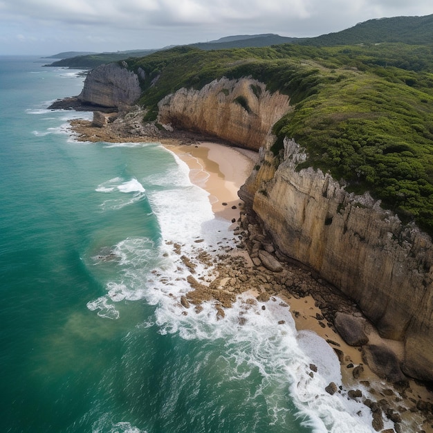 Una playa con un acantilado al fondo.