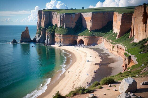 Una playa con un acantilado al fondo.