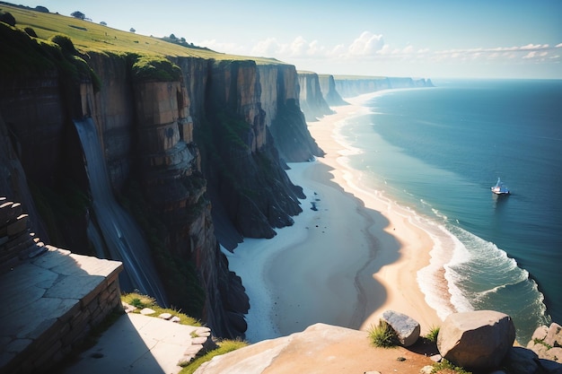 Una playa con un acantilado al fondo.