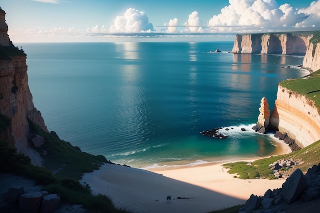 Una playa con un acantilado al fondo.