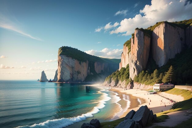 Una playa con un acantilado al fondo.