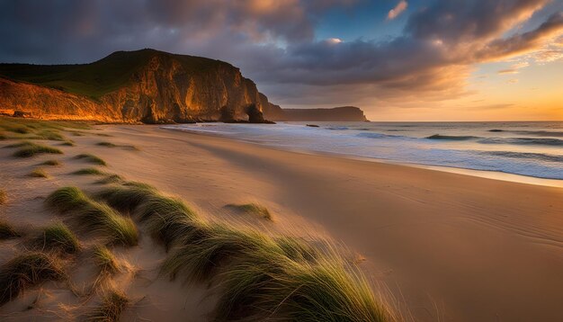 Foto una playa con un acantilado en el fondo y una escena de playa con un cliff en el fondo