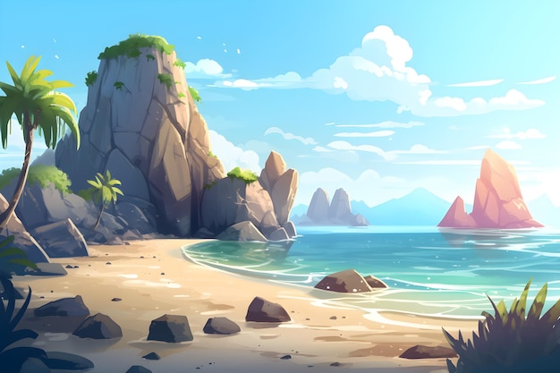 Una playa con un acantilado rocoso y palmeras en el horizonte.