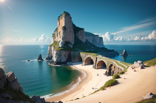 Una playa con un acantilado rocoso y una pequeña isla con un faro.