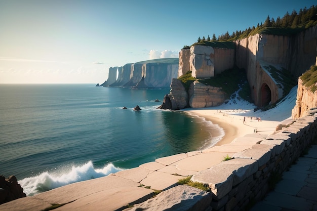 Una playa con acantilados al fondo