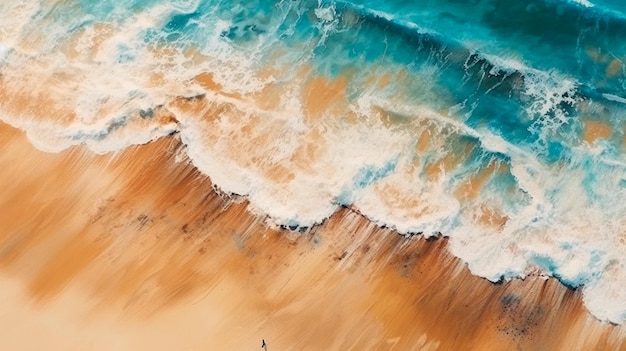 Playa aérea con vista de pájaro en la parte superior con pintura de pincel de acuarela en la ola de mar azul arena marrón para los fondos de la IA generativa de banner