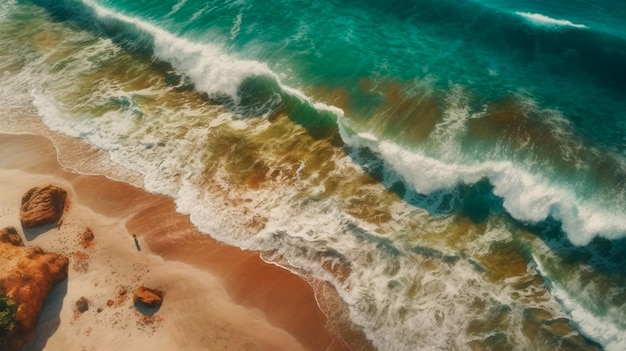 Playa aérea con vista de pájaro en la parte superior con pintura de pincel de acuarela en la ola de mar azul arena marrón para los fondos de la IA generativa de banner