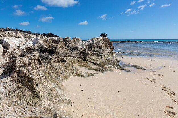 Una playa con un afloramiento rocoso y el océano al fondo