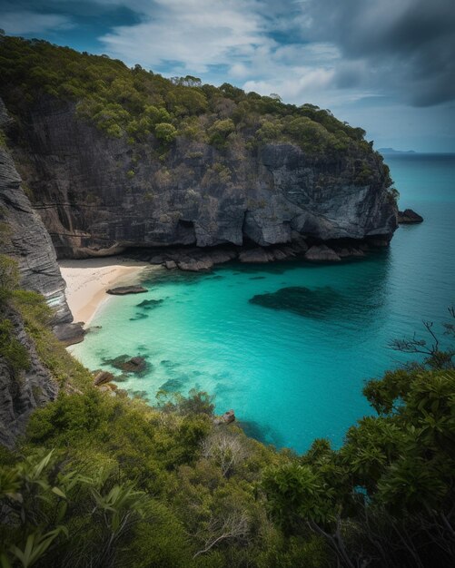 Una playa con agua azul y un acantilado al fondo