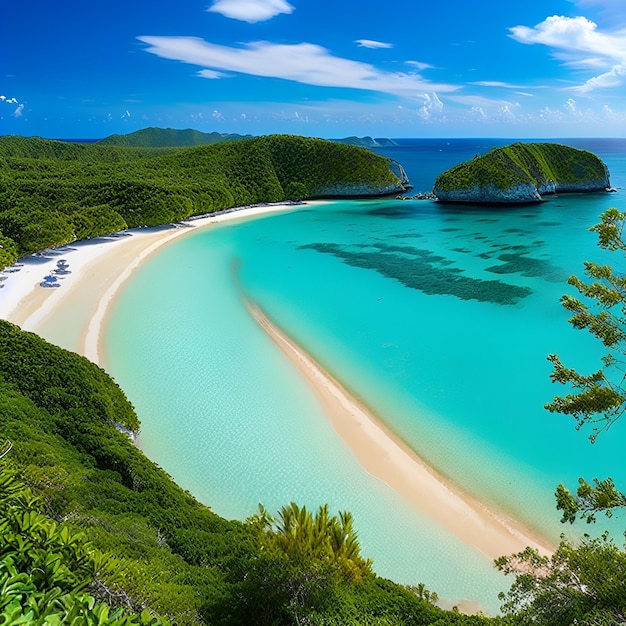 Una playa con agua azul y árboles verdes.
