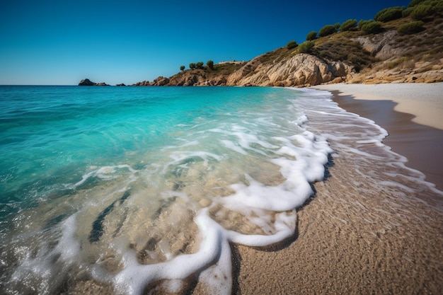 Una playa de agua azul y arena blanca.