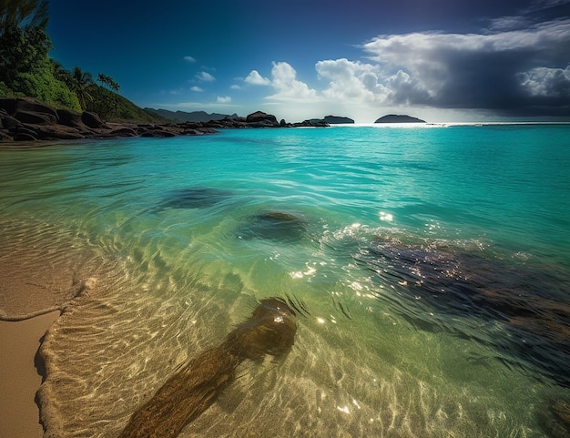 Una playa con agua azul y un cielo nublado