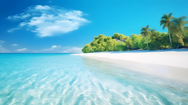 Una playa con agua azul clara y una palmera en la orilla.