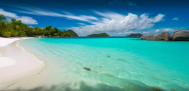 Una playa con agua azul y una isla verde al fondo