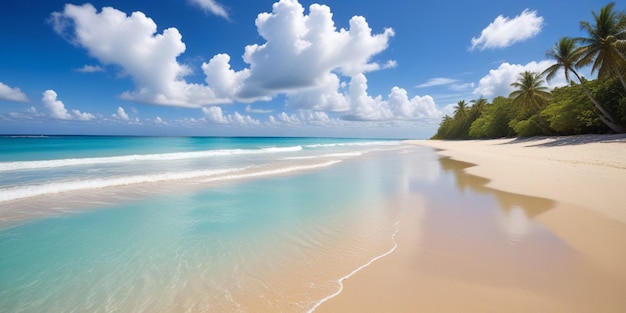 una playa con agua azul y nubes blancas en el cielo