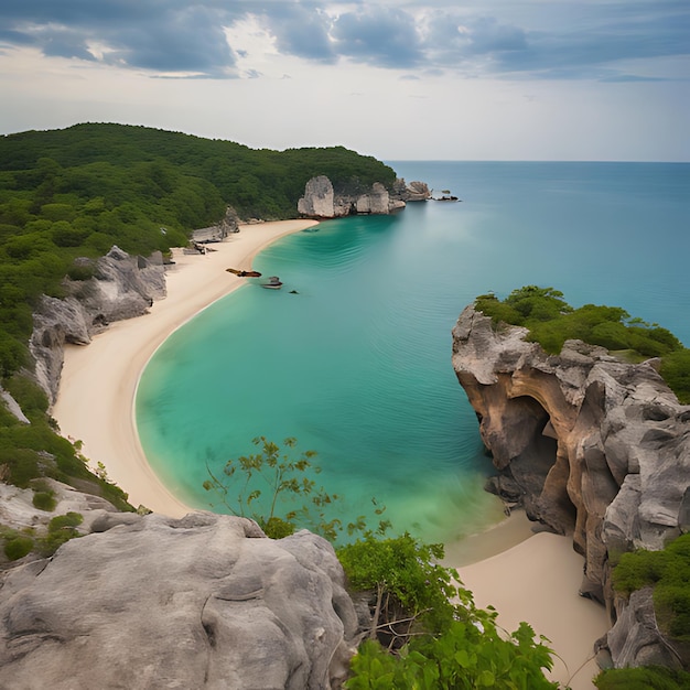 una playa con agua azul y una playa de arena y algunos árboles