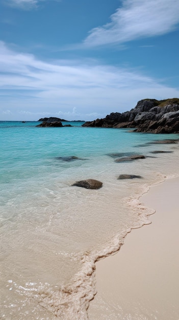 Una playa con un agua azul y una playa de arena blanca.