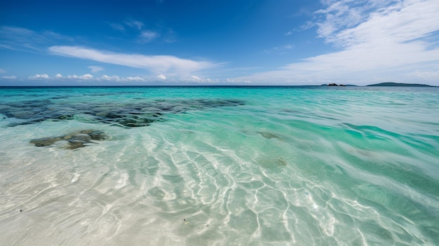 Una playa con agua clara y un cielo azul