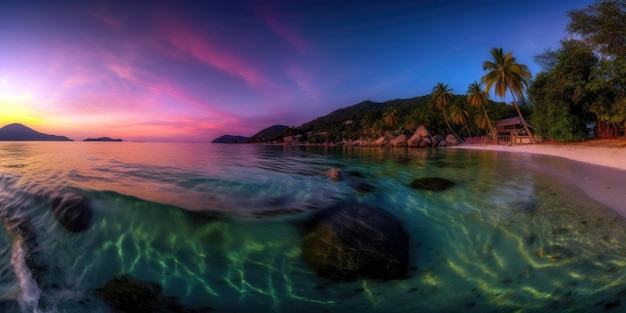 Una playa con un agua clara y un cielo colorido