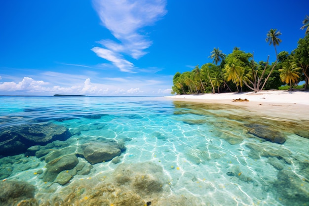 una playa con agua clara y palmeras