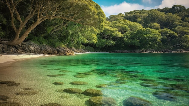 Una playa con agua verde y árboles en el fondo.