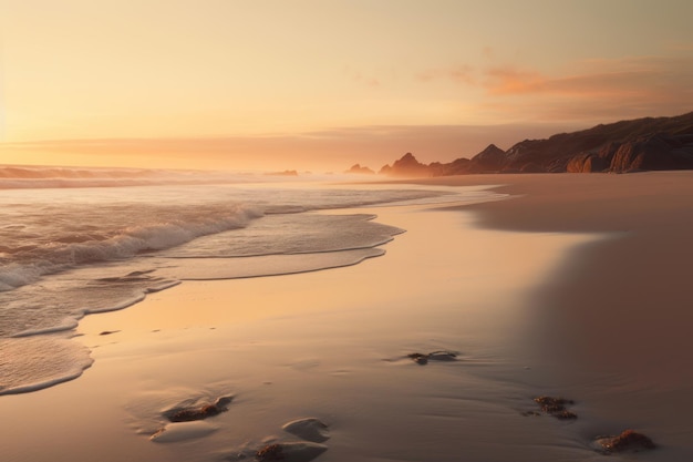 Una playa al atardecer con un atardecer de fondo