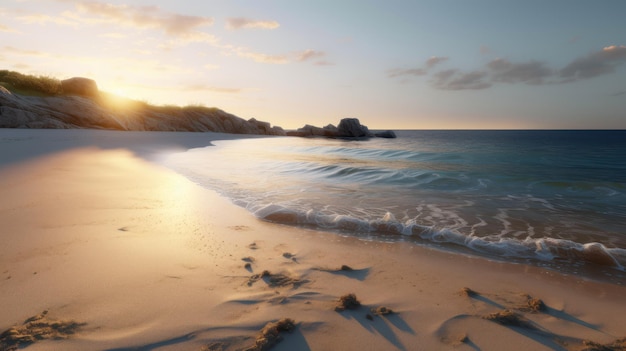 Una playa al atardecer con un atardecer de fondo