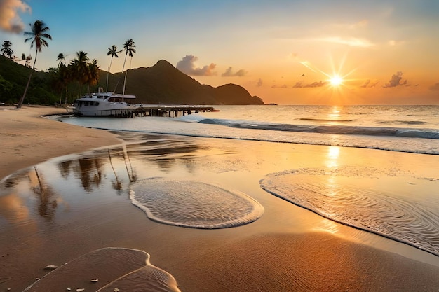 Una playa al atardecer con un barco en primer plano y palmeras al fondo