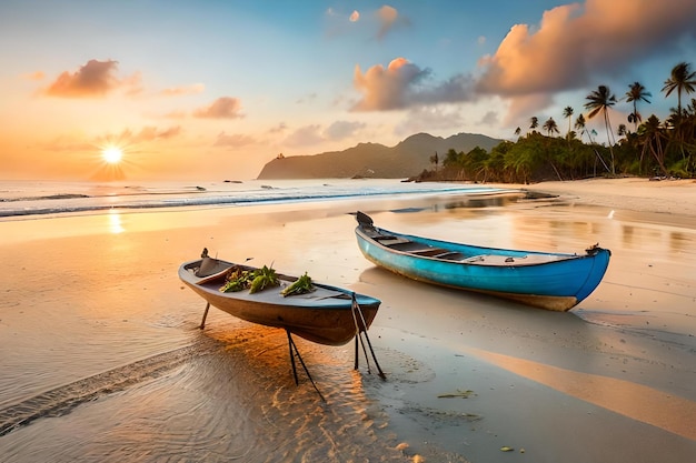 Una playa al atardecer con dos barcos en la orilla.