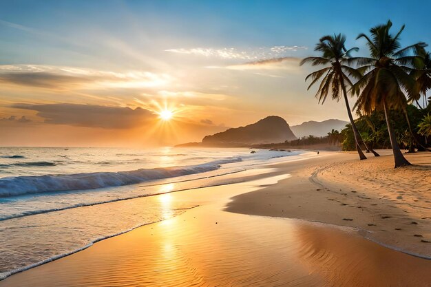 Una playa al atardecer con una montaña al fondo