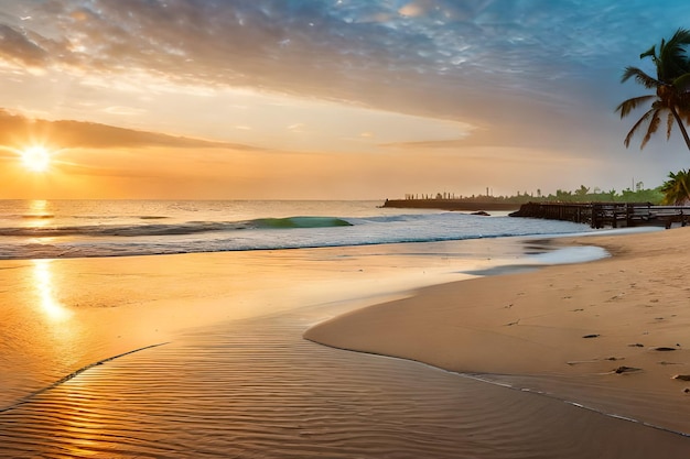 Una playa al atardecer con un muelle al fondo