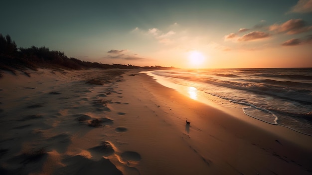 Una playa al atardecer con un pájaro en la arena.