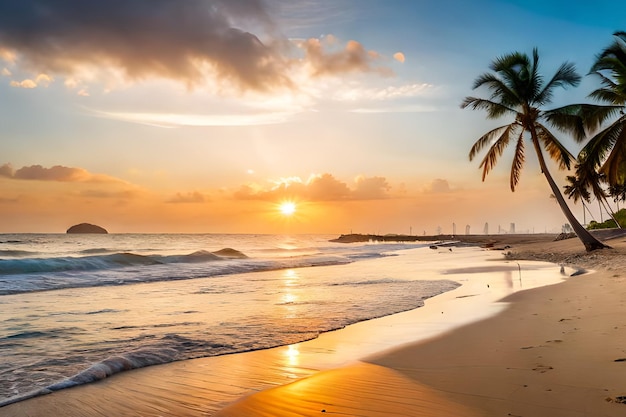 Una playa al atardecer con una palmera en la playa.