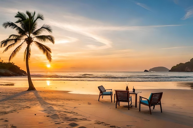 Una playa al atardecer con una palmera y sillas en la playa.