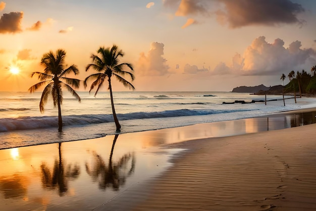 Una playa al atardecer con palmeras en la arena.