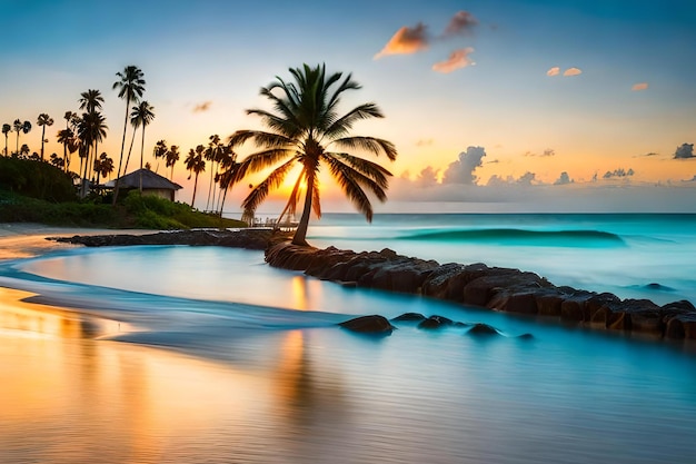 Una playa al atardecer con palmeras y un atardecer de fondo