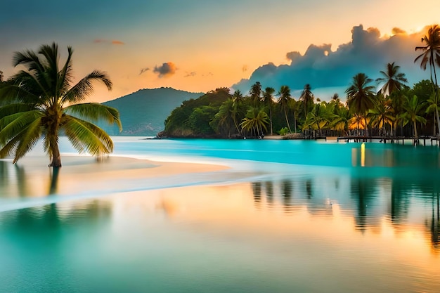 Una playa al atardecer con palmeras y un atardecer de fondo