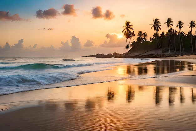 Una playa al atardecer con palmeras y un atardecer de fondo